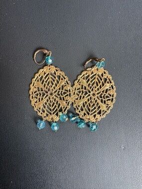 NEW! Gold Filigree Teardrop Earrings with Blue Crystal Accents